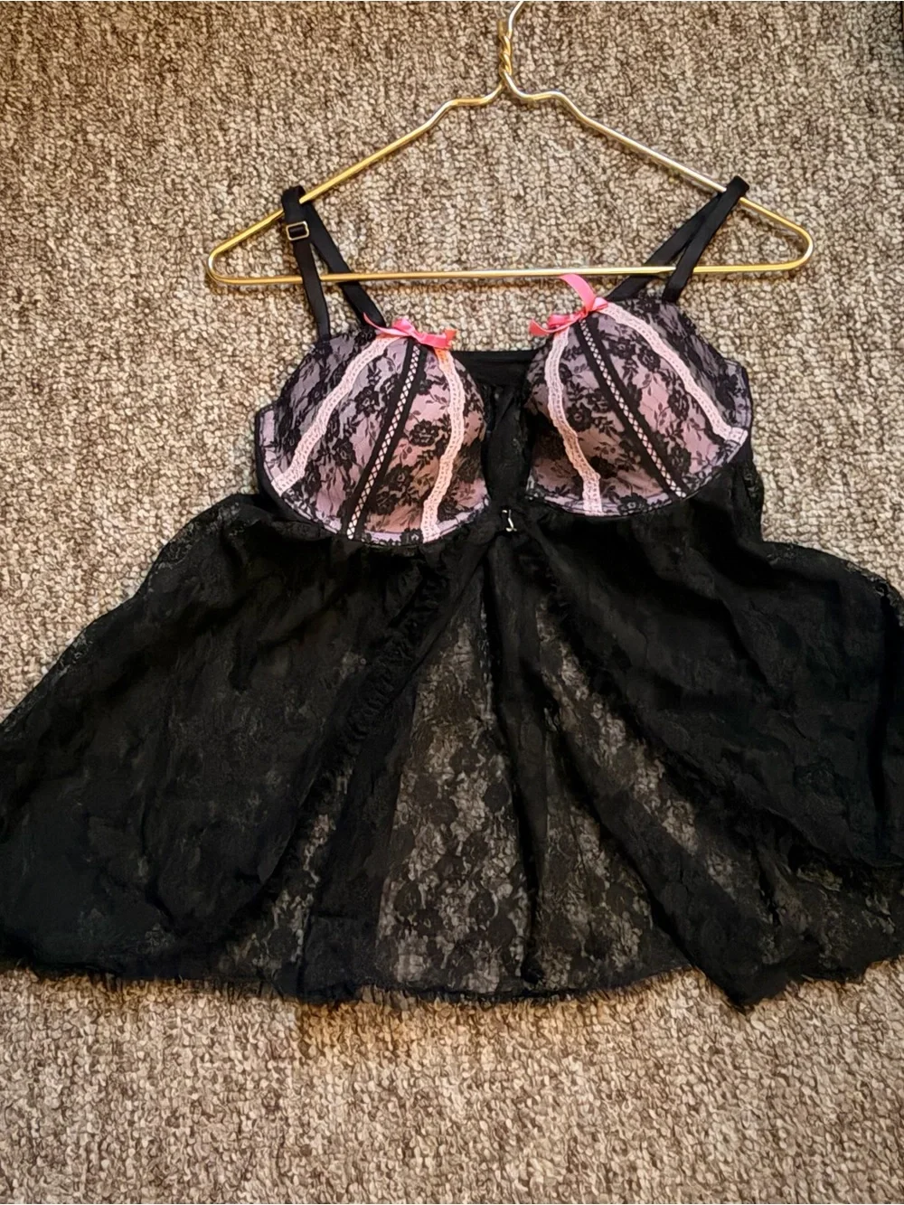 Victoria's Secret Black Lace Babydoll Chemise with Pink Cups